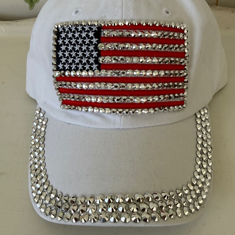 American Flag Studded Bling White Adjustable Baseball Hat - One Size - Picture 2 of 10